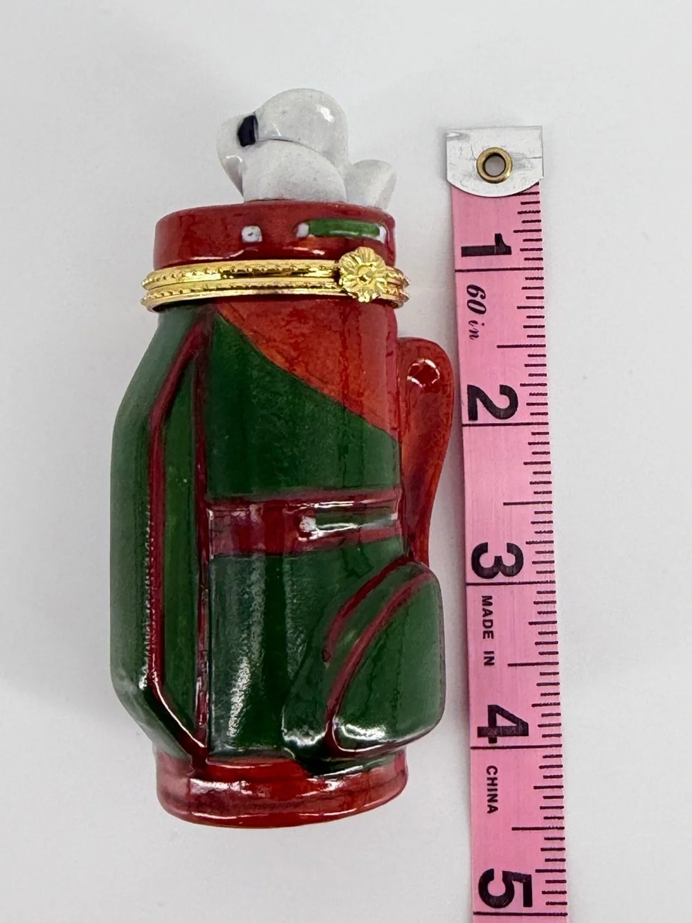 Vintage Golf Bag & Clubs Porcelain Hinged Trinket Box in Green Brown Gold